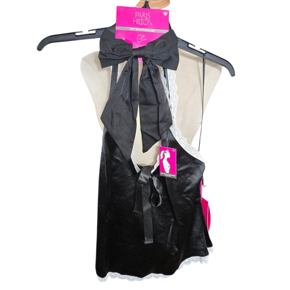 Paris Hilton Black Satin Halter Top with Lace Trim And Black Bow Hair Clip NWT - Picture 2 of 5